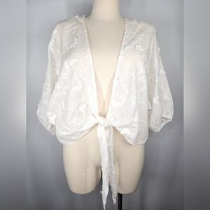 Haute Hippie Butterfly Embroidered White Tie Front Blouse Cover Up One Size